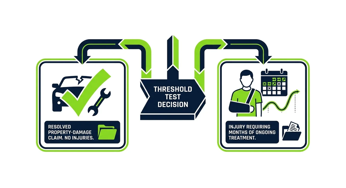 A decision split showing the two outcomes of the threshold test: a resolved property-damage claim with no injuries on one side, and an injury requiring months of ongoing treatment on the other