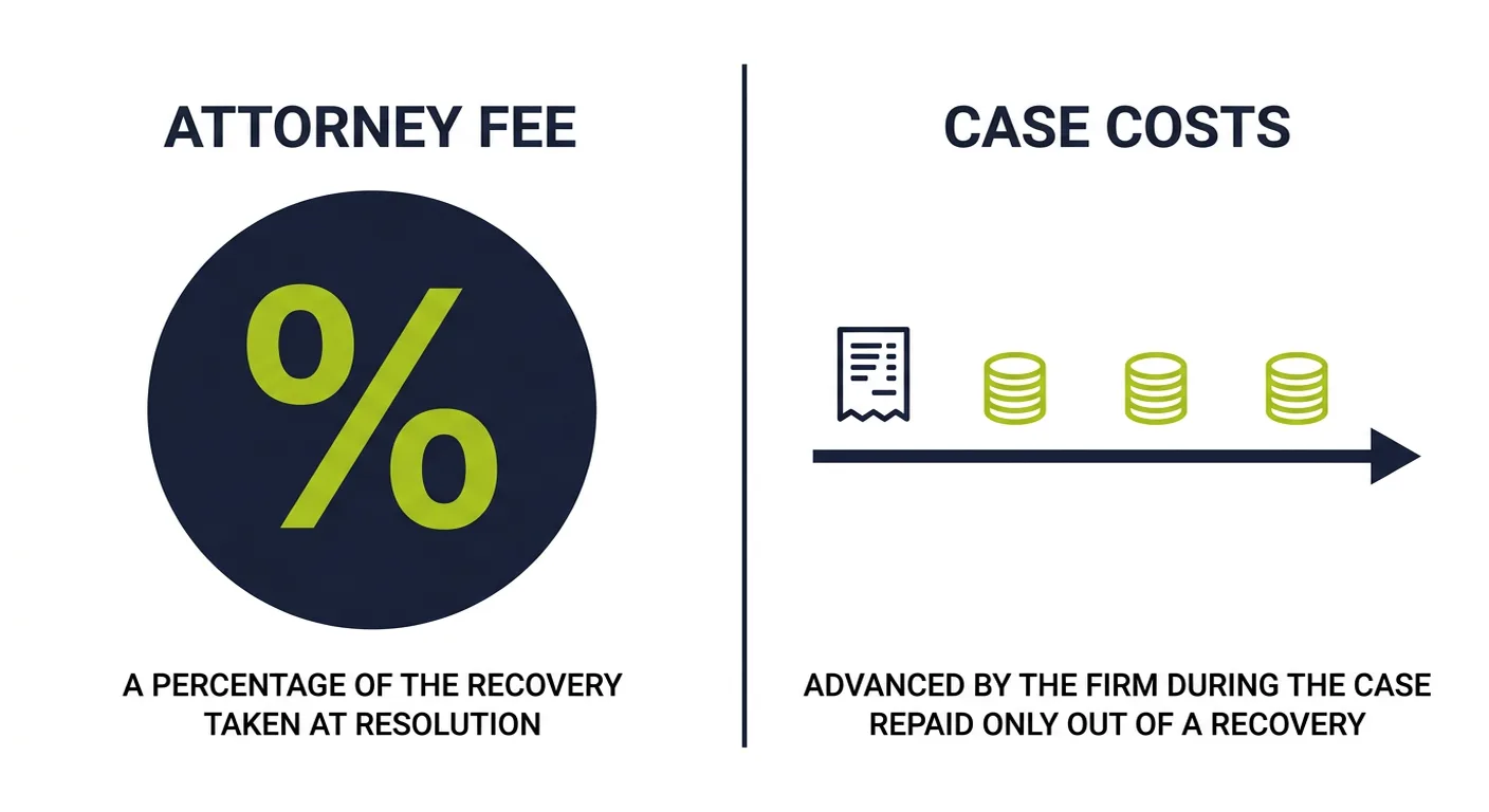 Attorney fees as a percentage taken at resolution, shown separately from case costs advanced by the firm during the case and repaid only out of a recovery