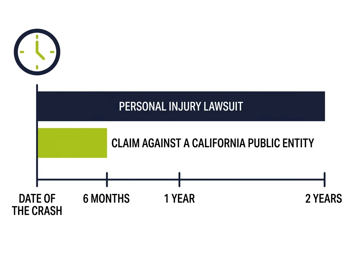 A timeline contrasting the two-year window to file a lawsuit against the far shorter window to file a claim against a public entity