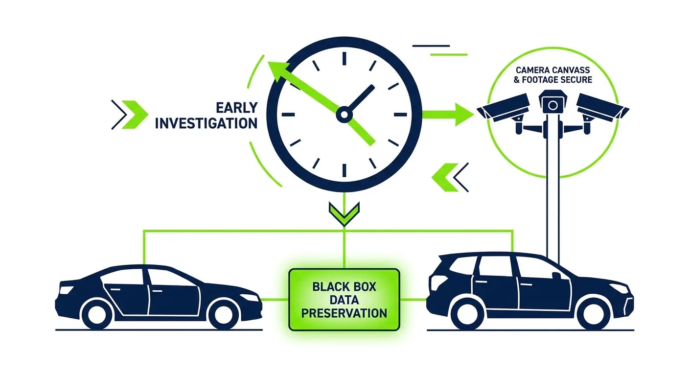 The early investigation sequence: the scene, both vehicles preserved for black box data, and nearby cameras canvassed before footage is overwritten