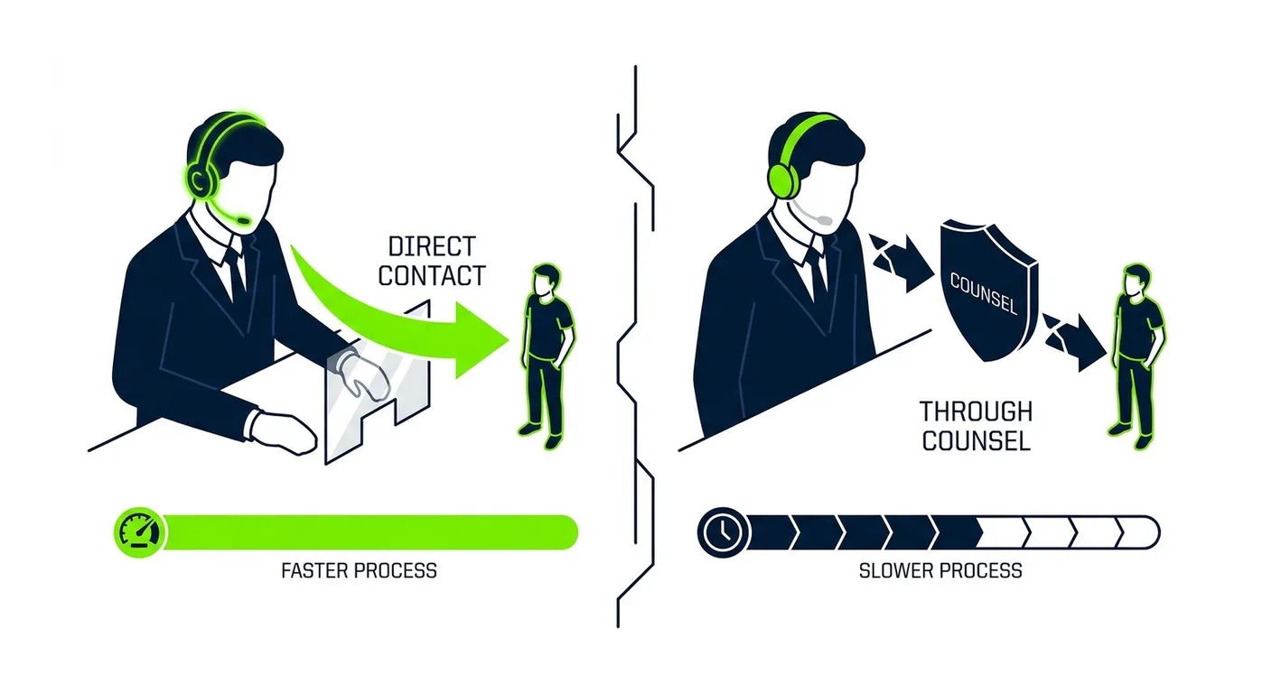 How an adjuster handles an unrepresented claim versus a represented one, contrasting direct contact and speed against communication through counsel