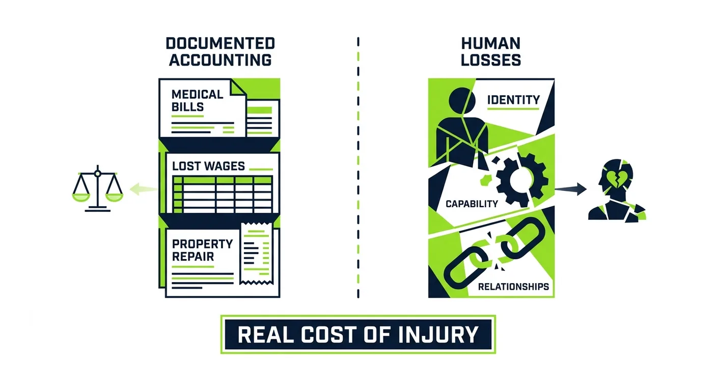 The two damage categories side by side: the documented accounting of what was spent and lost, and the human losses of identity, capability, and relationships