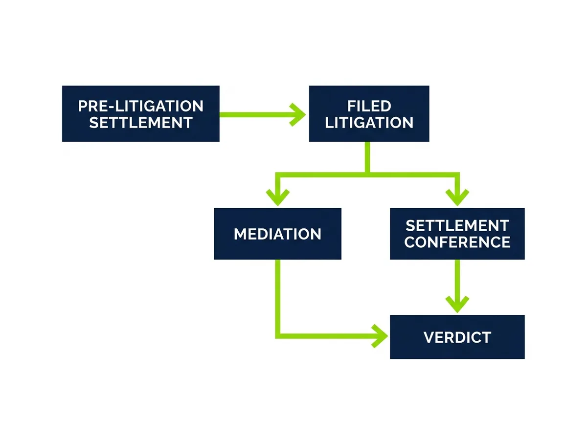 The branching resolution path from pre-litigation settlement through filed litigation, mediation and settlement conference, to verdict
